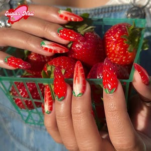 Summer Strawberry Nails, Fruits Inspired Handmade Nails, Cute Delicate Nail Sets, Gel Nail Sets, Gifts & Summer Looks