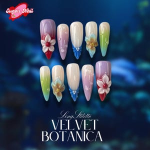 Fairycore Pastel, 3D Lily & Floral Design, Garden Bloom, Fake Summer Gel Nails | Dreamy Handmade Acrylic Nails, Green Purple Nails