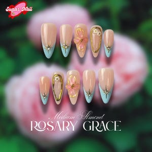 Pastel Floral Press On Nails – Basic Long Almond Nails with 3D Flower & Rhinestone, Soft Green Pink Nail Set for Everyday or Gift