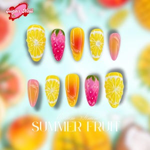 Lemon Scent Fruit Press On Nails, 3D Strawberry Orange Y2K Nail Art, Cute Summer, Medium Almond Nails, Hand-Painted Fake Nails, Gift Nail