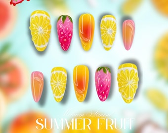 Lemon Scent, Fruit Press On Nails, 3D Strawberry, Orange Y2K Nail Art, Cute Summer, Medium Almond Nails, Hand-Painted Fake Nails, Gift Nail
