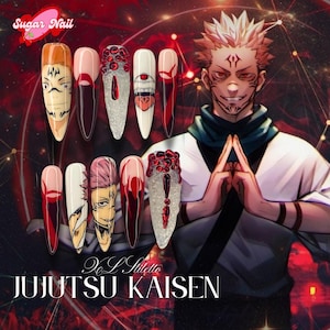Unhas postiças inspiradas em Su.kuna, Rei Amaldiçoado, unhas de anime vermelhas e pretas, conjunto de unhas para cosplay otaku, presente de unha feito à mão para fãs de anime, estilo JJK