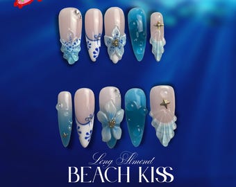 Ocean Blue Mermaid 3D Shell, Starfish & Floral Beach Nail Art Press On Nails – Handmade Glossy Jelly Nails for Summer Vacation