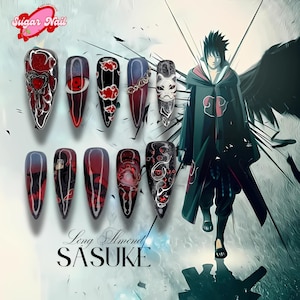 Red Eye Ninja Inspired Nails | Anime Warrior Gel Nail Set | Dark Magic Aesthetic | Handmade Press-On Nails for Manga Fans
