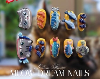 Uñas con gatito gris en 3D, gambas en las uñas, caja de arte del mundo del mar, uñas postizas 3D de gato bajo el mar, uñas con diseño oceánico, arte de uñas especial