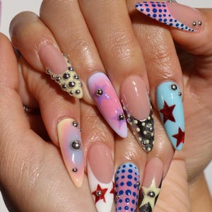 Handmade Pop Art Star Press On Nails | Long Almond 3D Silver Stud Pierced Nails | Colorful Y2K Retro Halftone Fake Nails - Luxury Artist Set