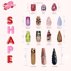 May include: A display of various nail shapes, including Short Square, Oval, Almond, Medium Square, Coffin, Almond, Stiletto, Long Coffin, Square, Almond, Stiletto, and XL Square, Coffin, and Stiletto. Each nail is decorated with different designs and embellishments.