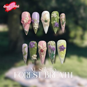 Unhas de pressão de jardim de orquídeas – Unhas florais 3D rosa e verde – Arte de unha longa amêndoa feita à mão para presente de feriado de primavera