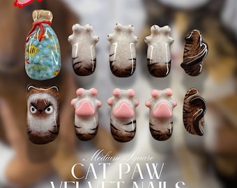 Uñas con diseño de pata de gato rosa en 3D, uñas estilo British Shorthair, uñas con cola de gato en 3D, uñas adorables, uñas kawaii, kit de uñas