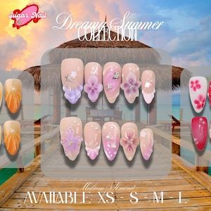 Dreamy Summer Orchid Press On Nails | Pink, Red & Orange Floral Nail Art | Handmade Chill Nails | Luxury Gel Nail Set | Tropical Vibes