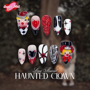 Presse 3D clown effrayant sur les ongles, nail art arlequin carnaval avec étoiles et damier, ongles faits main Halloween