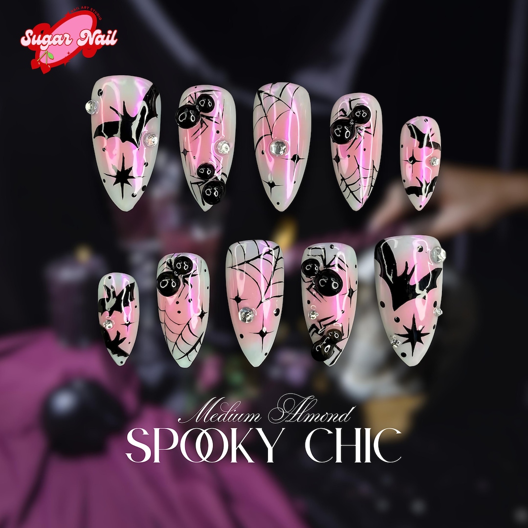 Party Halloween Press on Nail, Pink Black 3D Spider, Ghost Bat, Nail Set, Kawaii Handmade Nails, Spooky Nails for Party, Cosplay Season - Etsy Japan