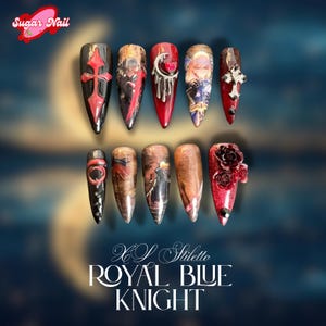 Royal Blue Knight Nails | Anime-Inspired Press-On Gel Nail Set | Fantasy Warrior Aesthetic | Handmade Elegant Cosplay Nails