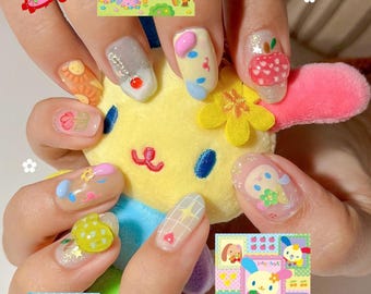 Colorful Bear Teddy Nails, Oval Nail Set with Fantasy Bear, Fruit, Cartoon Nails, Pink Nails, Funny Nails, Party Nails, Summer Nail Art