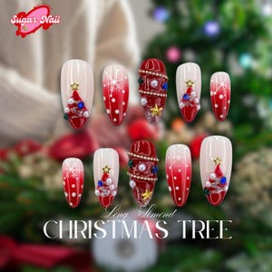 Süße Weihnachtsbaum-Drücken auf die Nägel, rote Feiertags-Nail-Art, mittlere Mandel-gefälschte Nägel, Neujahrsgeschenk, handgemachte Weihnachtsnägel, Geschenke für Liebhaber