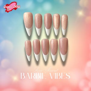 Pink Glitter & White French Tip Press On Nails – Long Almond Neutral Nails | Classic Handmade Nail Set for Everyday or Events
