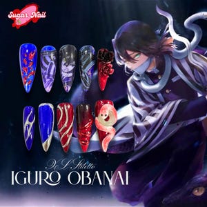Serpent Veil Press-On Nails, Red & Blue Design with Intricate Character Art, Obanai-Inspired Handmade Almond Gel Nails, 10 Reusable Pieces