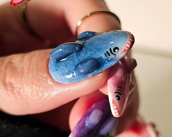 Cute 3D Shark Press On Nails, Colorful Acrylic Fish Nail Art, Handmade Ocean Theme Nails for Marine Life Lovers, Summer Beach Nails