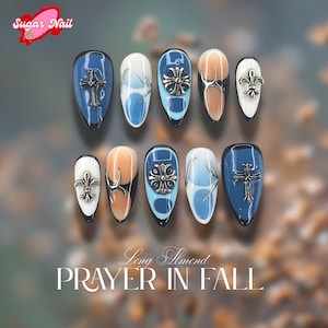 Long Almond Fall Nail Set, Brown Blue Nails Press On with Cross Charm, French Tips Nail Art, Handmade Acrylic Autumn Fake Nail