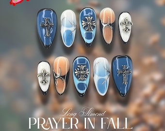 Long Almond Fall Nail Set, Brown Blue Nails Press On with Cross Charm, French Tips Nail Art, Handmade Acrylic Autumn Fake Nail