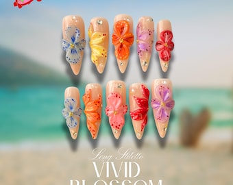 Summer Press On Nails Tropical Orchard with Leopard Print | 3D Floral Fake Nail in Medium Almond | Handmade Nail Art for Holiday, Vacation