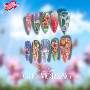 Aloha Bloom Summer Beach Vibe Flower Press on Nails, Colorful 3D nail, French tip Nails, Spring Summer, vacation holiday gift for her