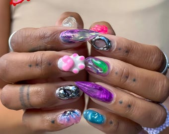 Uñas postizas con forma de pata de gato – Caja de uñas hecha a mano con puntas desiguales – Estilo atrevido para fiestas o picnics – Un look original para el día a día y eventos.