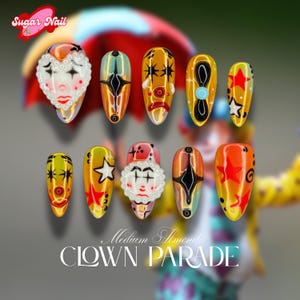 Halloween Clown Press On Nails, Artistic Carnival Nails with Creepy Expressions, Bold Pop Art Clowncore Design, Limited Edition, Party Nails