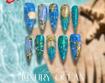 Luxury Mermaid Ocean Press On Nails, Golden Charm, Almond Nails with 3D Starfish and Shell, Handmade Coastal Summer Nail Set, Birthday Gifts
