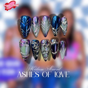 Aurora Chrome Press-On Nails – Holographic Metallic Swirl Nail Art, Elegant Stiletto Fake Nails, Handmade Nail Set
