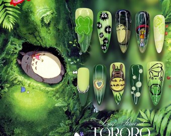 Forest Spirit Press-On Nails | Grey & Green Anime-Inspired Gel Nails | Cute Nature Aesthetic | Handmade Kawaii Nail Art Set