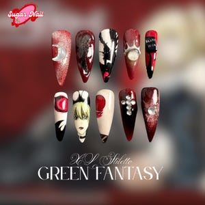 Dark Note Inspirierte Press-On Nägel / Handgefertigte Anime Art mit Gothik Design in Rot und Schwarz / Gel Nägel für Fans / Geschenk für Sie
