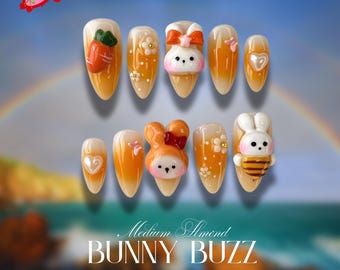 ピンクのベースにニンジンが付いた3Dかわいいうさぎのプレスオンネイル