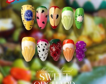 Tropical Fruit Press On Nails, Handmade Almond, Nails Set for Summer Holiday, Party Gift, Cute Colorful Nail, Fake Nails, Chilling Nail