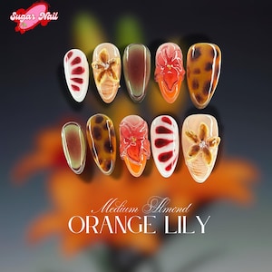 May include: A set of ten almond-shaped press-on nails with various designs. Some nails feature a tortoiseshell pattern, while others have floral or abstract red and white designs. The text "Medium Almond ORANGE LILY" is displayed.