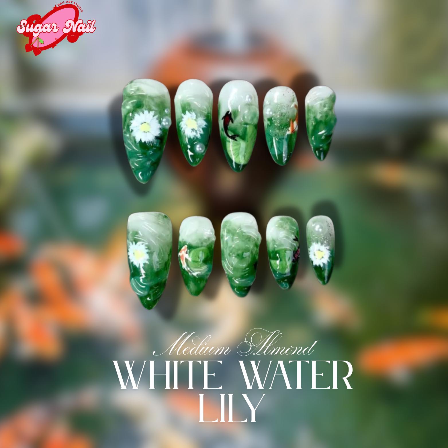 Nature Koi Fish Press On Nails | Realistic Pond & Fish Nail Design | Natural Landscape Nail Art | Custom Hand-Painted Green Nails