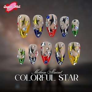 Silver Star Press On Nails, Eleganta Krommandelnaglar, Korta Freestyle Lösnaglar för Födelsedag, Fest eller Alla hjärtans dag