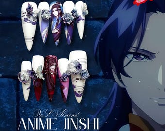 Jin.shy The Apothe.cary Diaries Nail, Long Stiletto Nails, Blue Rose 3D Charm, Butterfly Chrome Nails, Purple Nail, Cosplay Prince Jinshiiii