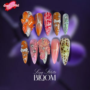Bold Bloom 3D Press On Nails – Handmade Long Almond Nails with Oversized Floral Design – Romantic Flower Nail Art for Events & Holidays