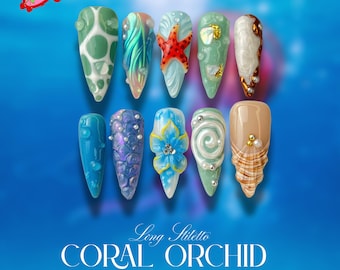 Glitterblauw, 3D-zeester en oceaannagels, zeemeermin Ocean Press On Nails, Almond Summer Beach Nail Art-set, oceaannagels, zeeleven