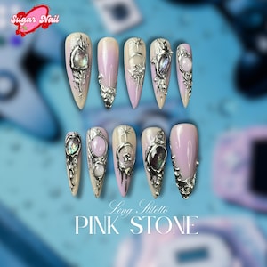 Chrome Pink Y2K Stiletto Press On Nails – 3D Rhinestone Aurora Gothic Nail Set – Handmade Long Fake Nails, Reusable Glam Nails for Party
