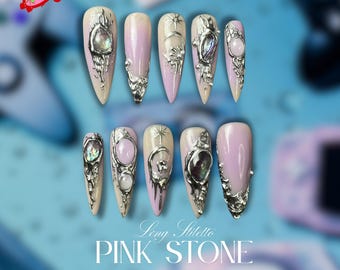 Chroomroze Y2K stiletto pers op nagels – 3D-strass Aurora Gothic nagelset – Handgemaakte lange nepnagels, herbruikbare glamournagels voor feest