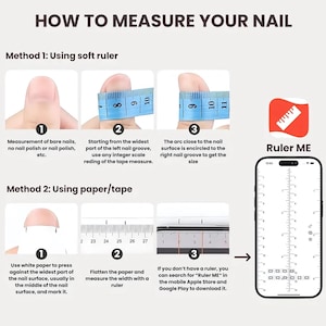 K&ouml;nnte beinhalten: Ein Lehrbild mit dem Titel &bdquo;WIE SIE IHREN NAGEL MESSEN&ldquo; zeigt zwei Methoden. Methode 1 verwendet ein weiches Lineal, und Methode 2 verwendet Papier und ein Lineal. Das Bild zeigt auch ein Smartphone, das eine Nagelmess-App namens &bdquo;Ruler ME&ldquo; anzeigt.