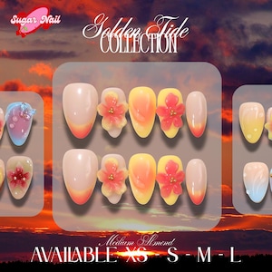 Golden Tide Press On Nails | Sunset Sky & Yellow Flower Design | Nature-Inspired Romantic Nail Art | Handmade Gel Nails | Floral Ombre Set