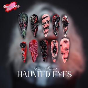 3D Eyeball Horror Press On Nails, Long Almond Fake Nails, Creepy Demon Eyes Halloween Nail Art, Cthulhu-Inspired Reusable Nails