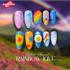 Happy Vibes Rainbow Press On Nails – Cute Summer Nail Set with Smiley Faces, Flowers, Stars & Glitter – Fun Party Handmade Nails