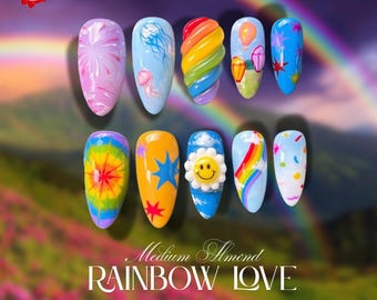 Happy Vibes Rainbow Press On Nails – Leuke zomernagelset met smileys, bloemen, sterren en glitter – Fun Party handgemaakte nagels
