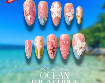 Pink Paradise Beach Press On Nails, 3D Floral Seashell Nail Art, Tropical Gradient Summer Set, Mermaid Vibe, Medium Lily Nail, Ocean Nail