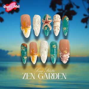 Custom Sea Beach Press On Nails Long Almond Nails/Acrylic 3D Starfish Nails/Spring Summer Sea Vacation Fake Nails/Blue Nails/Pearl Nails