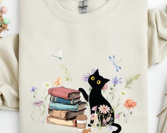 Book Lover Cat Sweatshirt, Cat Mom Reading Hoodie, Cozy Bookworm Sweater, Coffee Books Cat Lover Gift, Reader Mom Pullover